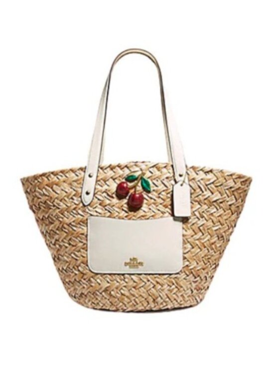 Coach Handbags - COACH Large Straw Basket Tote with Cherry Charm Natural Chalk Leather RARE NWT